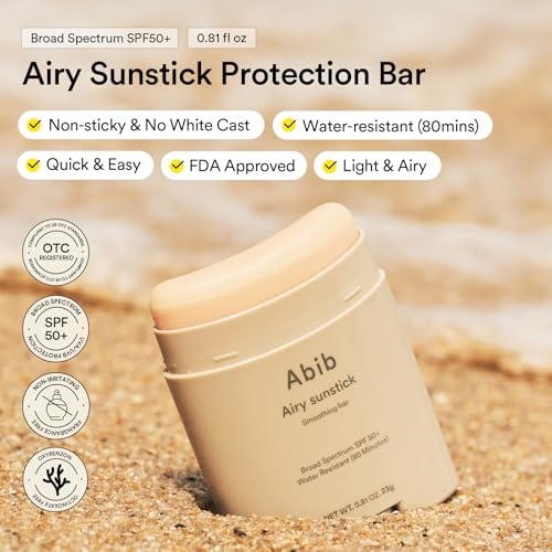 Abib Airy Sunstick & Airy Key Ring Duo: SPF50+ Broad Spectrum, Semi-Matte Sunscreen Stick for Dry & Sensitive Skin, No White Cast, UV Alert Charm Key Ring to Clip to Bag