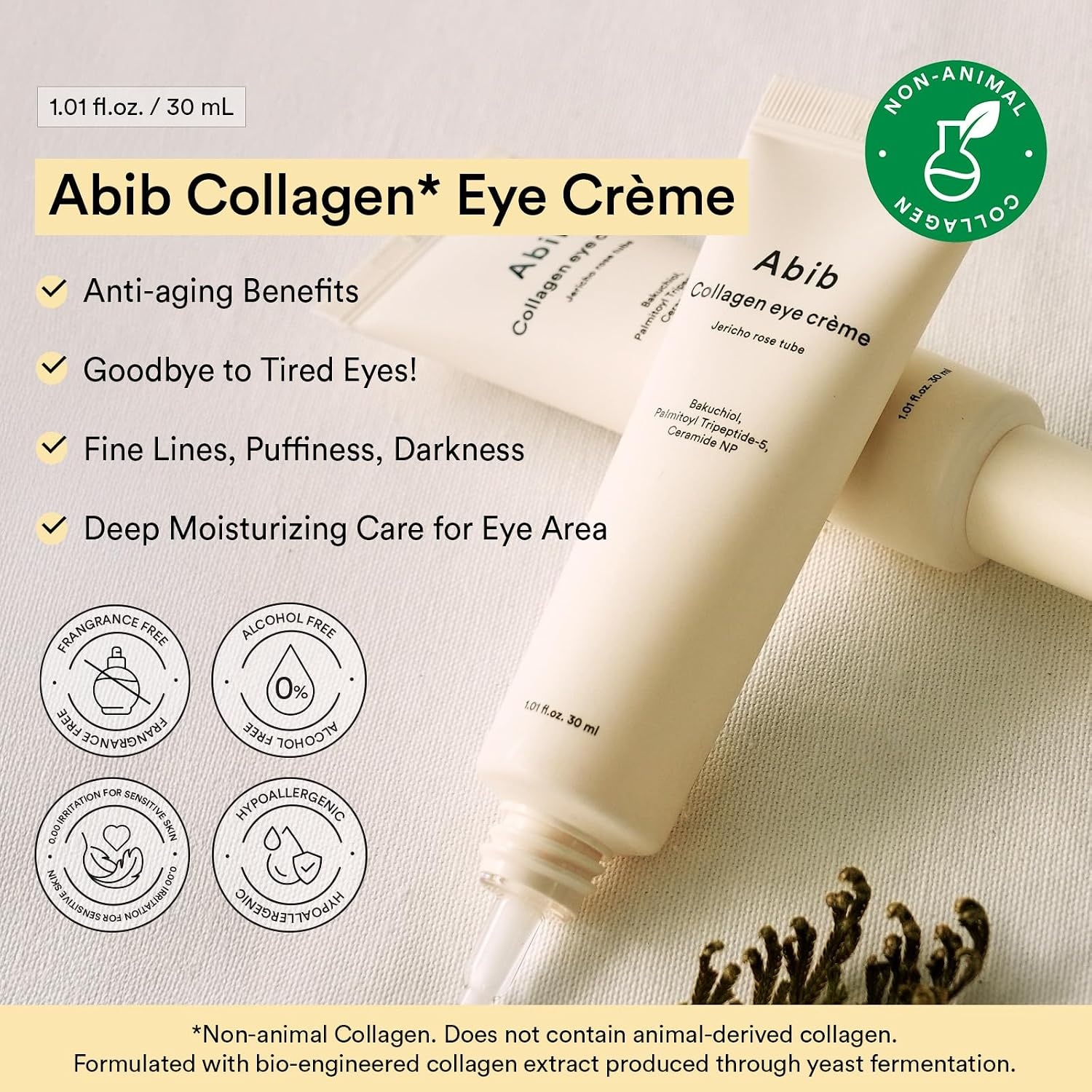 Abib Non-animal Collagen Eye Cream Jericho Rose Tube, 1.01 fl. oz.(30 mL), Anti-Aging Eye Cream with Bakuchiol, Caffeine, Niacinamide for Dark Circles, Puffiness, Wrinkles, Fine Lines, Korean Skincare(Non-animal Collagen* Eye Cream) - view 2