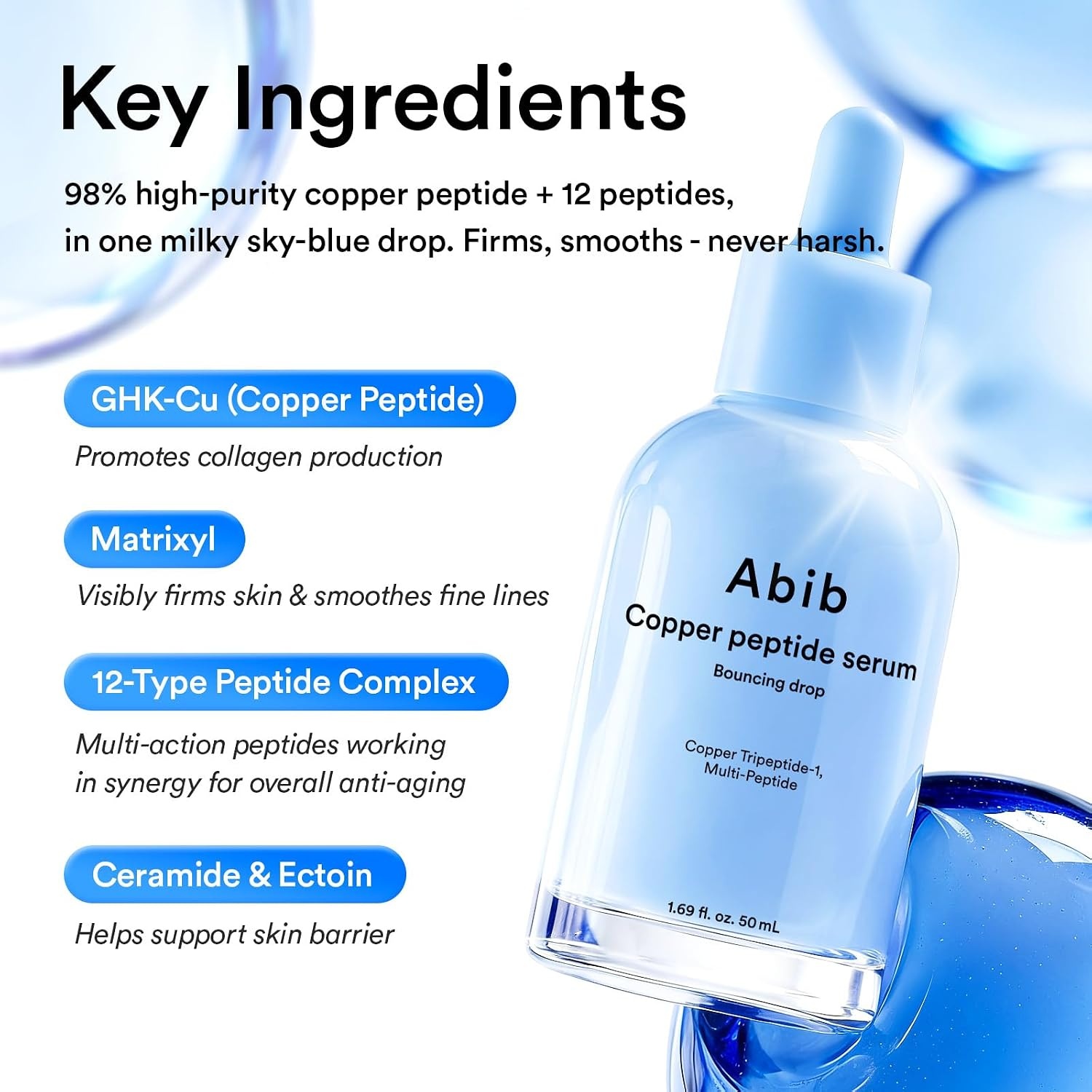 Abib Copper Peptide Serum Bouncing Drop – GHK-Cu, Argireline & Matrixyl Peptide Face Serum | Skin Texture & Hydration | Korean Skincare | 1.69 fl oz - view 3