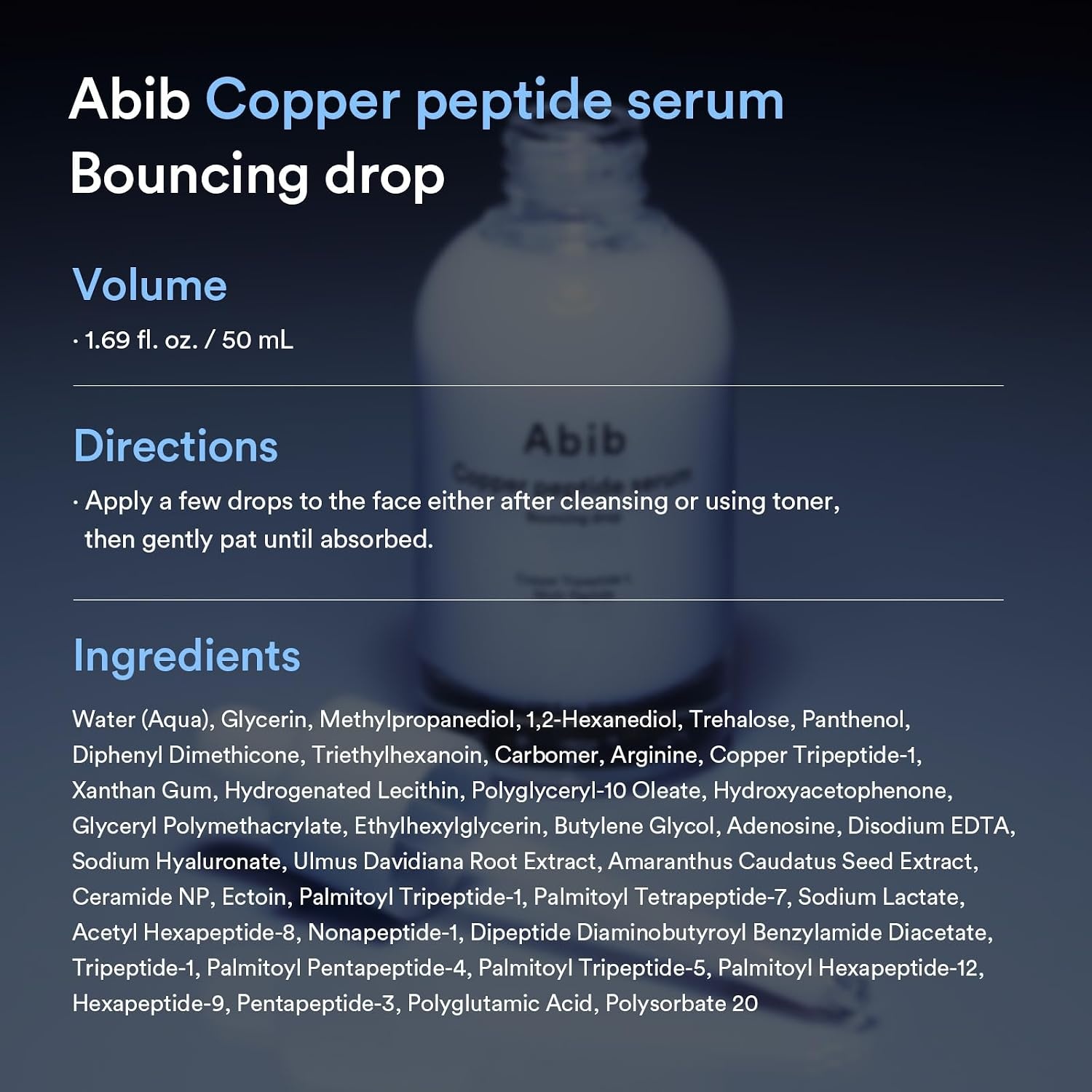 Abib Copper Peptide Serum Bouncing Drop – GHK-Cu, Argireline & Matrixyl Peptide Face Serum | Skin Texture & Hydration | Korean Skincare | 1.69 fl oz - view 7