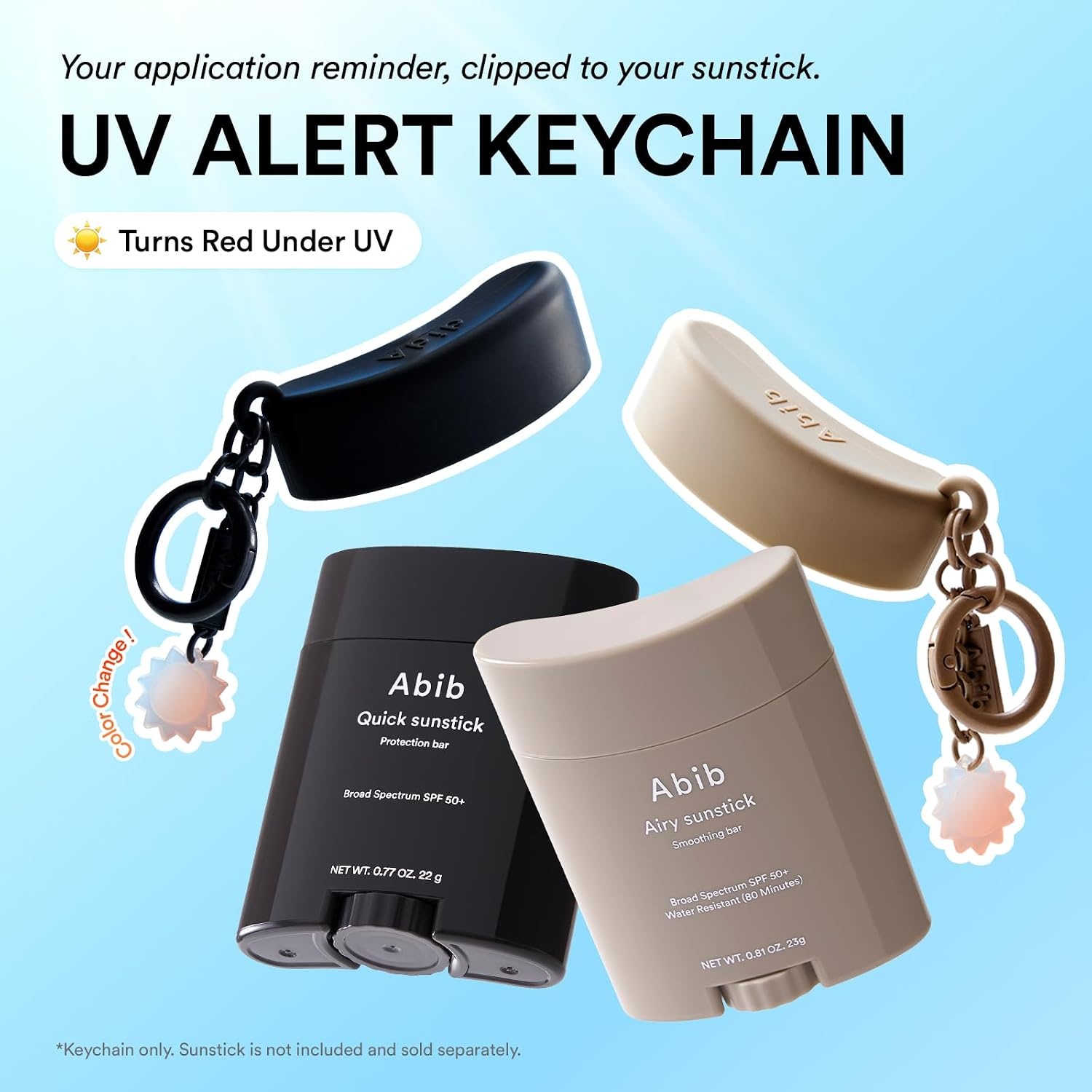Abib UV Alert Keychain for Airy Sunstick – Silicone Sunstick Cap Accessory with UV Color-Changing Charm, Handbag Purse Travel Essential, Cute Bag Charm, Aesthetic Gift, Korean Face Sunscreen Stick